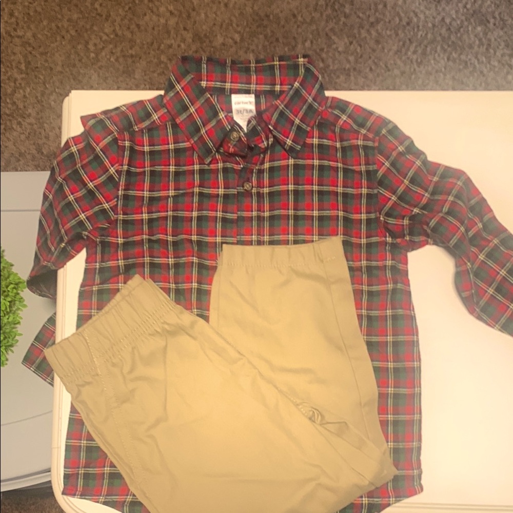 Carter’s Boys size 3T Red and Green Button Down Shirt and tan pants..NWT